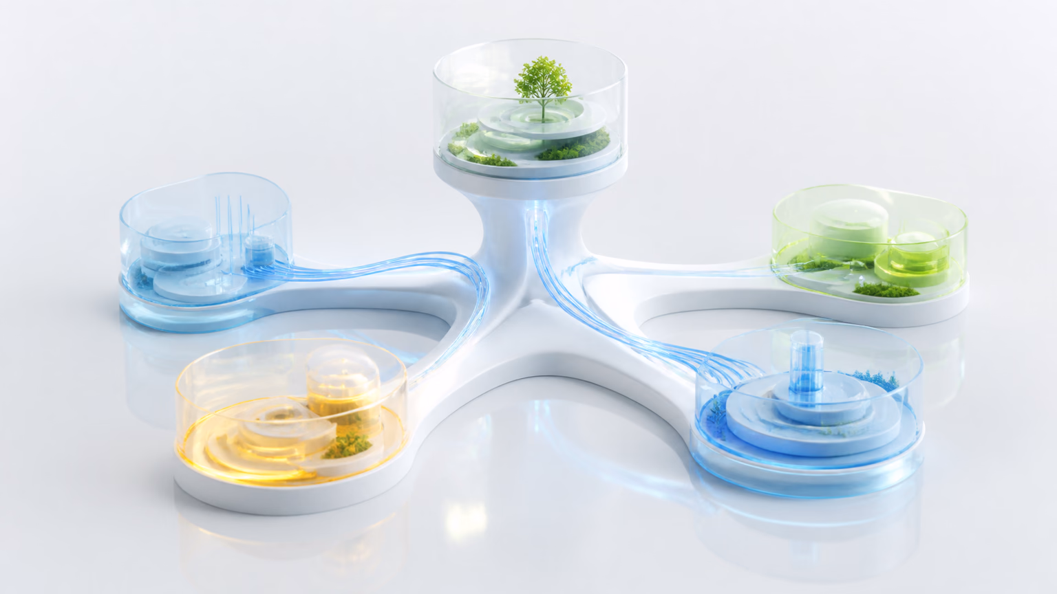 Struttura modulare luminosa con isole indipendenti collegate da flussi blu